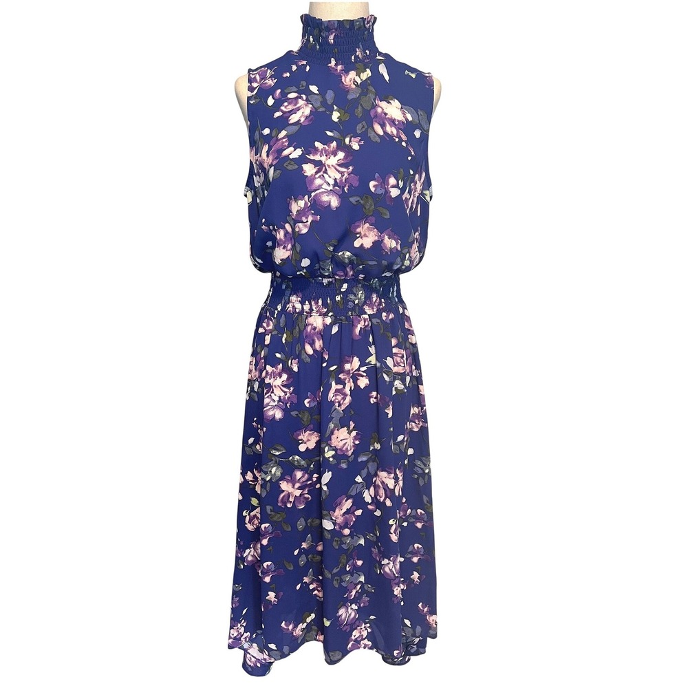 Nanette Lepore Women's 4 Midi Dress Hi-low Blue Floral High Neck Cottage Wedding